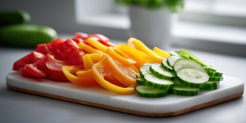 Colorful array of fresh sliced vegetables on cutting board