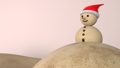 Sandy snowman with a red hat, celebrating the holiday season on a warm winter day