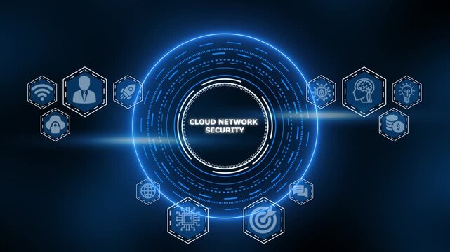 Cloud Network Security Concept with Futuristic Icons and Glowing Blue Circle cybersecurity technology - Powered by Adobe