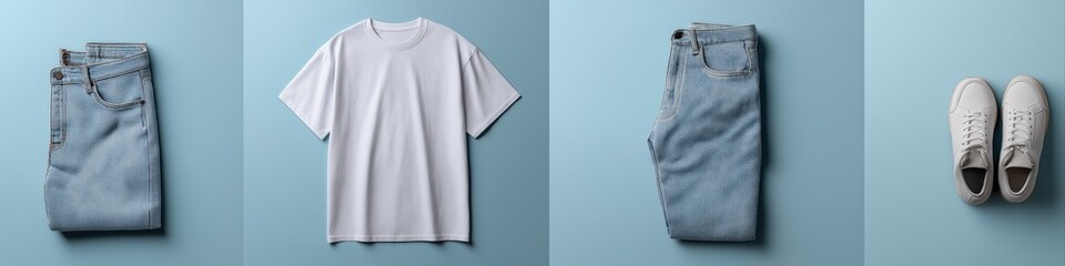 Casual outfit with white t-shirt, blue jeans, and canvas shoes on blue background