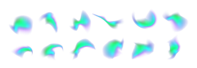 Abstract holographic gradient blobs with soft blurred aura glow. Iridescent light shapes for futuristic Y2K design and modern UI backgrounds PNG
