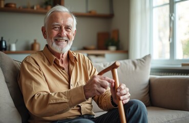 Smiling elderly man sits with cane on sofa indoors. Senior male relaxes at home holding wooden walking stick. Happy old person poses in living room. Grandfather rests on couch enjoying retirement.