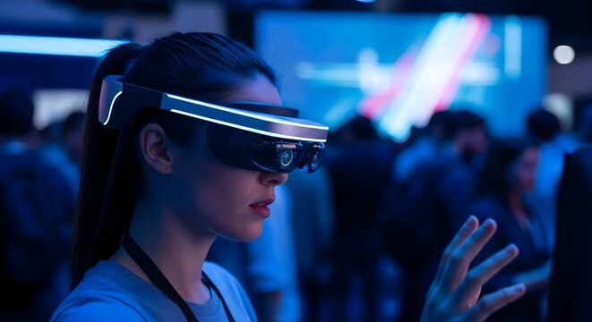 Woman experiences virtual reality with modern vr headset at technology conference event setting scene.