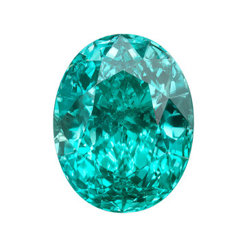 Paraiba tourmaline gemstone in oval cut. Neon blue-green glow. Isolated white background. Png format