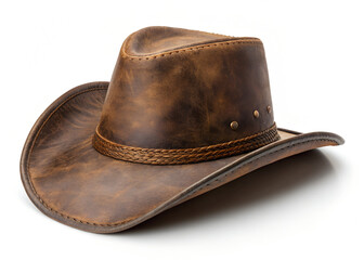 A brown leather cowboy hat with a distressed, aged look sits angled against a plain white background.