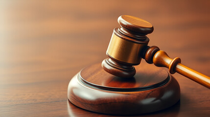 A detailed image of a wooden gavel resting on a round base, symbolizing justice and legal authority in a courtroom setting.