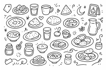 Hand-drawn doodle vector set of Iftar and Suhoor food items created in a playful sketchy style, isolated on white background
