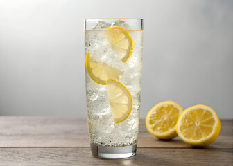 Refreshing tall glass of sparkling water with lemon slices and ice