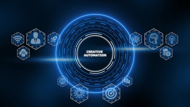 Futuristic Digital Network with Creative Automation Concept Icons and Glowing Blue Ring technology innovation