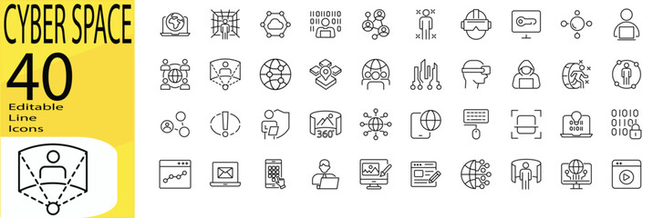 Cyber Space icon set. Editable stroke.