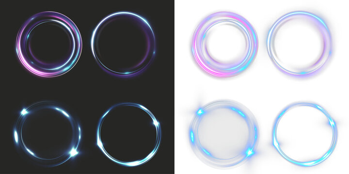 Neon glowing circular rings in blue and purple tones with soft light flares, smooth reflections and futuristic luminous effects.