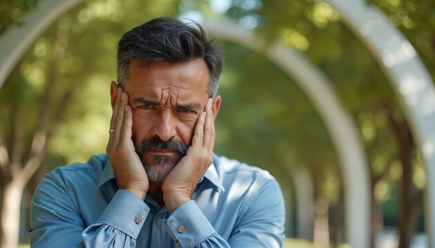 Mature man with hands on face shows strong emotion. He looks stressed and unhappy in park setting. Outdoor portrait, troubled mind, bad mood.