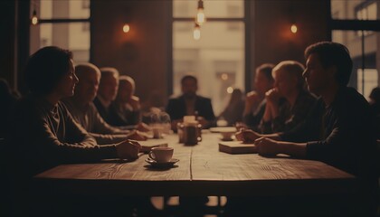A team of business professionals sitting around a long wooden table during a serious strategic discussion in a dimly lit, atmospheric conference room