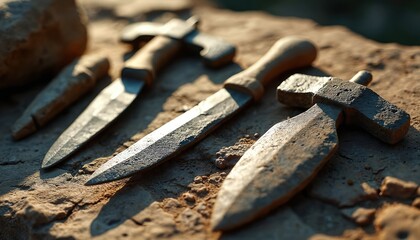 Close up of stone age tools like axes and knifes on rough surface. Ancient artifacts represent early human culture and old technologies. Sharp flint blades and primitive craftsmanship displayed.