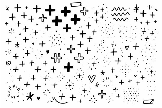 Hand-drawn doodle vector set of plus patterns created in a playful sketchy style, isolated on white background
