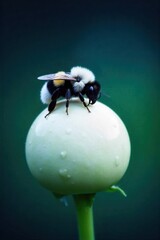 Bumblebee on a dew kissed dandelion Close up of a bumblebee resting on the spherical, white seed head of a dandelion, with tiny dew droplets clinging to the delicate filaments. Morning light, soft