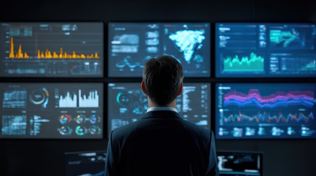 Executive analyzing predictive analytics on multiple holographic displays with data visualization charts and graphs. Strategic business intelligence proactive decision making and leadership concept.