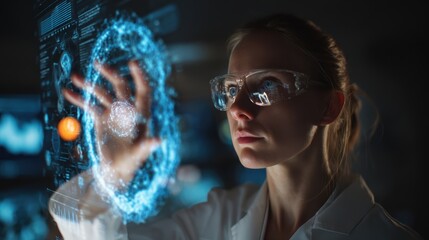 Scientist monitoring artificial intelligence agent hologram predicting climate models with advanced data visualization. Sustainability environmental research and climate science technology concept.