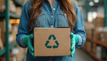 Person holds recycled cardboard box with sign in warehouse. Worker wearing gloves handles product packaging for eco friendly shipping. Responsible consumerism promotes green solution for global