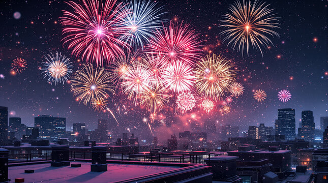 City Fireworks Extravaganza: Vibrant fireworks explode in the night sky over a cityscape. The dazzling display of color illuminates the urban skyline, creating a sense of celebration.