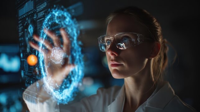 Scientist monitoring artificial intelligence agent hologram predicting climate models with advanced data visualization. Sustainability environmental research and climate science technology concept.