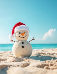 A heartwarming sandy snowman, complete with a classic Santa hat, stands proudly on a sun-kissed tropical beach, perfectly capturing the whimsical joy of a warm holiday season