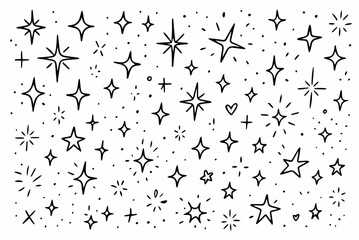 Hand-drawn doodle vector set of shiny sparkles created in a fun sketchy style, isolated on white background
