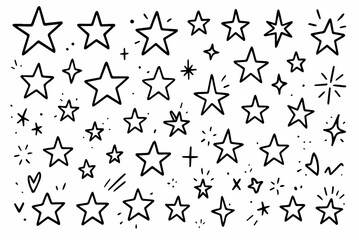 Hand-drawn doodle vector set of simple five-point stars created in a fun sketchy style, isolated on white background
