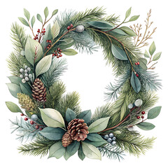 Fototapeta premium Winter wreath with pinecones and berries isolated on transparent background