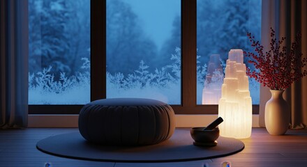Fototapeta premium Meditation Cushion Round Mat Snowy Window Frost Crystals Salt Lamp Vase Red Berries Ritual Bowl Pestle Calm Mindfulness Cozy Winter Atmosphere