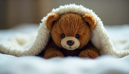 Teddy Bear s Peaceful Recovery A teddy bear is tucked under a small, soft blanket in a miniature hospital bed. A tiny, plush flower rests on the pillow beside it. Soft, warm lighting. Shallow depth of