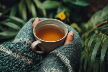 Person holding herbal tea cup while wrapped in a cozy throw