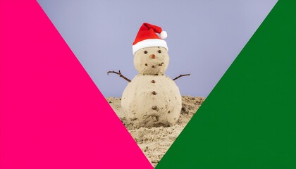 Sandy snowman with a festive hat on the beach, representing holiday cheer and winter vibes