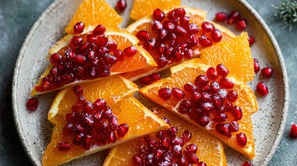 Slices of citrus fruit topped with ruby red pomegranate seeds arranged on a rustic plate