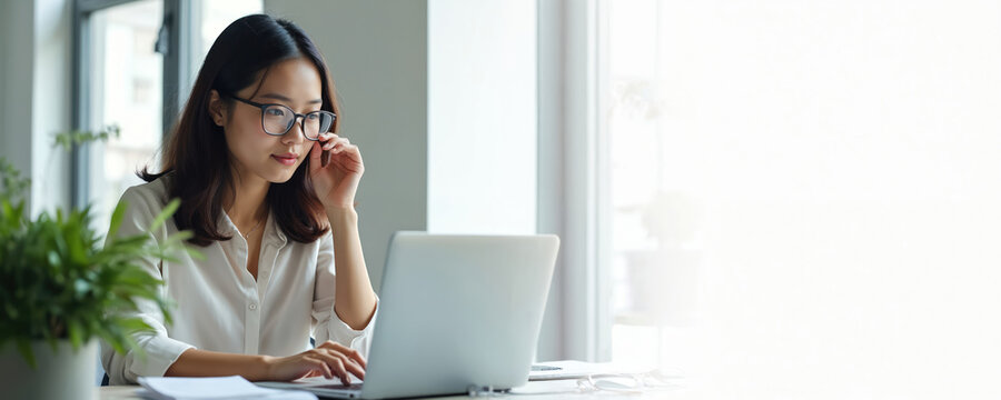 Asian woman concentrates on laptop screen indoors. Wears glasses, examines data working at desk. Focused businesswoman solves problem, seeks solution in digital workspace. Modern office setting shows - Powered by Adobe