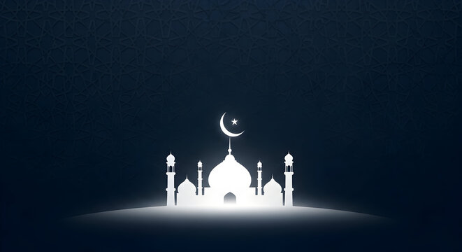 A glowing white silhouette of a mosque with a crescent moon and star against a dark, textured background. - Powered by Adobe