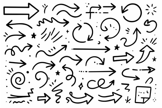 Hand-drawn doodle vector set of swipe arrows created in a playful sketchy style, isolated on white background
