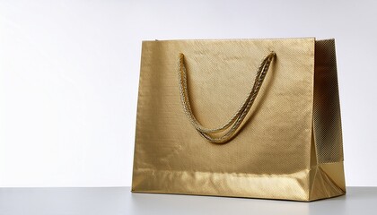 elegant gold paper shopping bag with rope handles isolated on white background