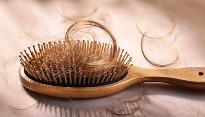 close up of a wooden hairbrush filled with fallen light brown hair suggesting hair loss or shedding concept of hair care issues and health