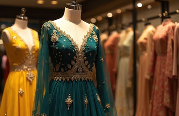 Close-up of ornate Indian designer dresses on mannequins in a boutique. Teal and yellow gowns feature intricate gold embroidery and beadwork, displayed in a retail store.