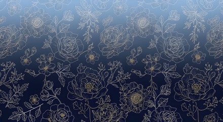 An elegant pattern of intricate gold line art flowers and leaves on a dark to light blue gradient background.
