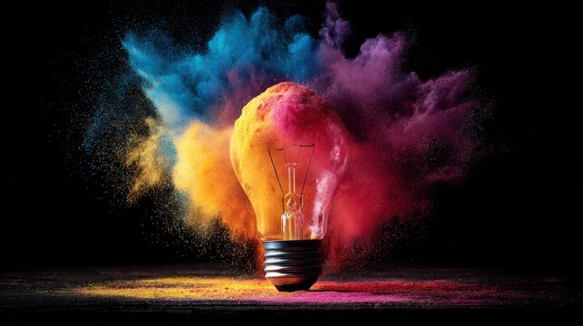 Creative light bulb explodes with colorful paint and colors. New idea, brainstorming concept. - Powered by Adobe