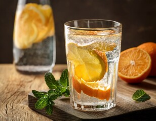 sparkling citrus water in glass on rustic background