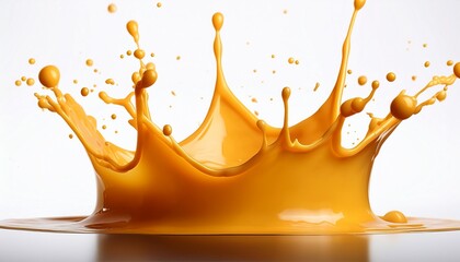 dynamic melted orange cheese splash forming crown shape with droplets isolated on white background