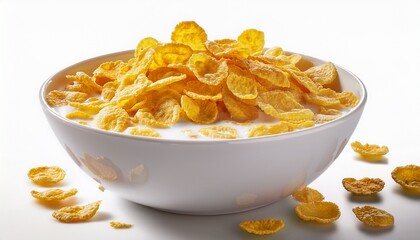 golden cornflakes breakfast cereal in white bowl with milk isolated on white background