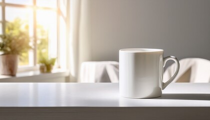 white mug on white table in sunlit room