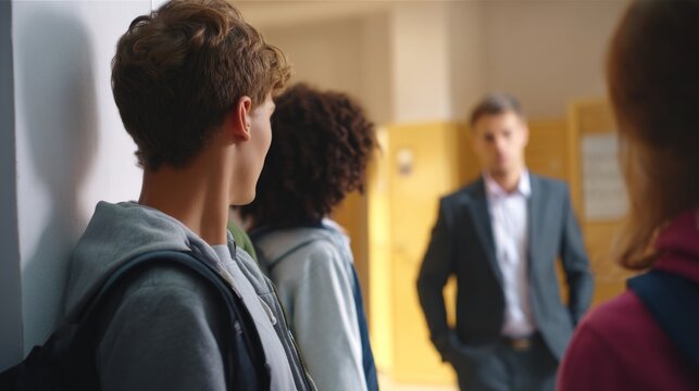 Students and teacher having a serious conversation in a high school hallway, facing disciplinary action for misbehavior