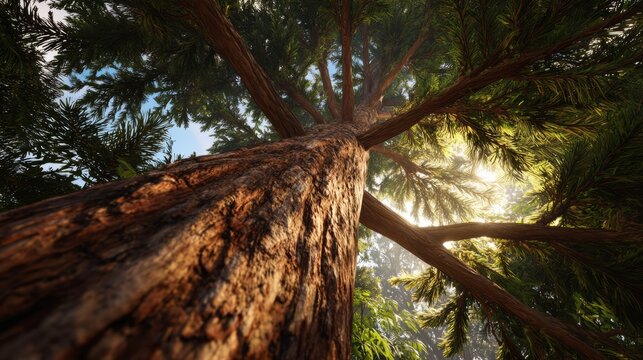 Tall tree trunk reaching up, sunbeams filtering through dense forest canopy, looking up at nature's growth