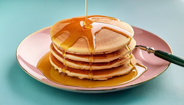 golden pancakes stack with syrup drizzle on pastel plate