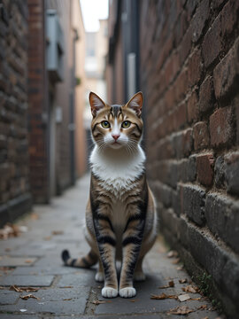 Alley cat standing in front of a brick wall